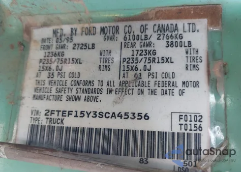 1995 Ford F150 z USA, uszkodzony, nr VIN 2FTEF15Y3SCA45356